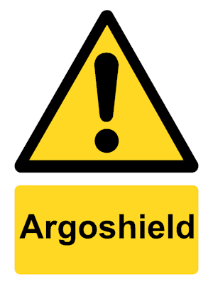 Warning sign: yellow triangle with a black exclamation mark and a yellow label reading 'Argoshield'