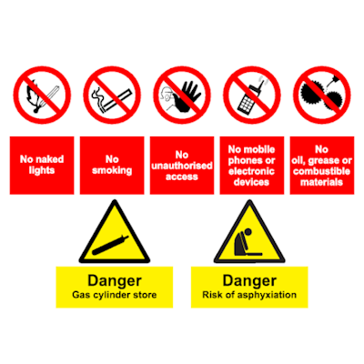 Row of red prohibition signs with accompanying red text boxes (no naked lights, no smoking, no unauthorised access, no mobile devices, no flammable materials) and yellow hazard signs reading 'Gas cylinder store' and 'Risk of asphyxiation' with warning symbols.