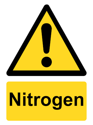 Hazard sign: yellow triangle with a black exclamation mark above a yellow label reading 'Nitrogen' indicating a nitrogen gas warning.